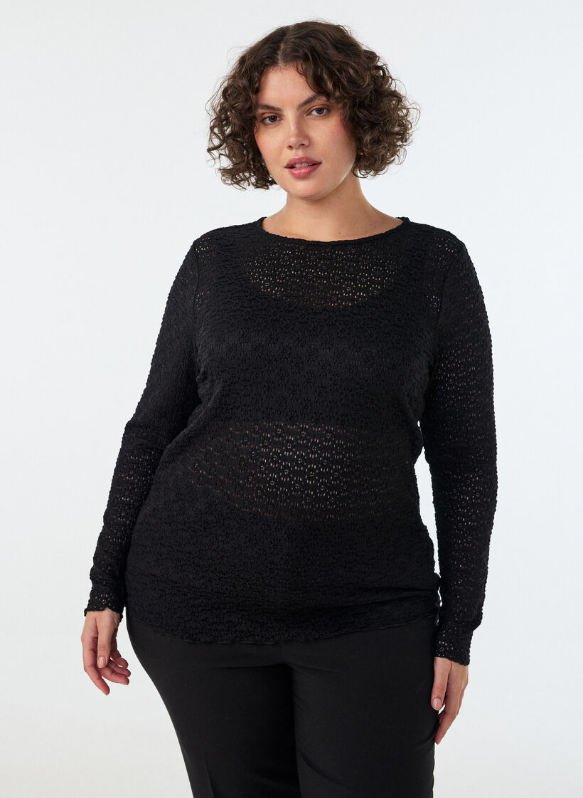 Blouse met ajourpatroon en lange mouwen, Zwart, Model image number 0