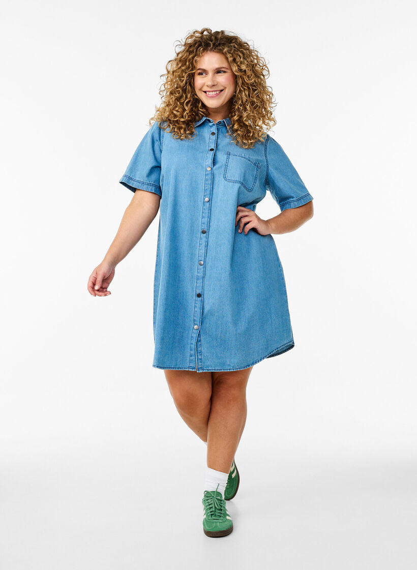 Robe chemise en denim &agrave; manches courtes, Bleu Clair, Model image number 1