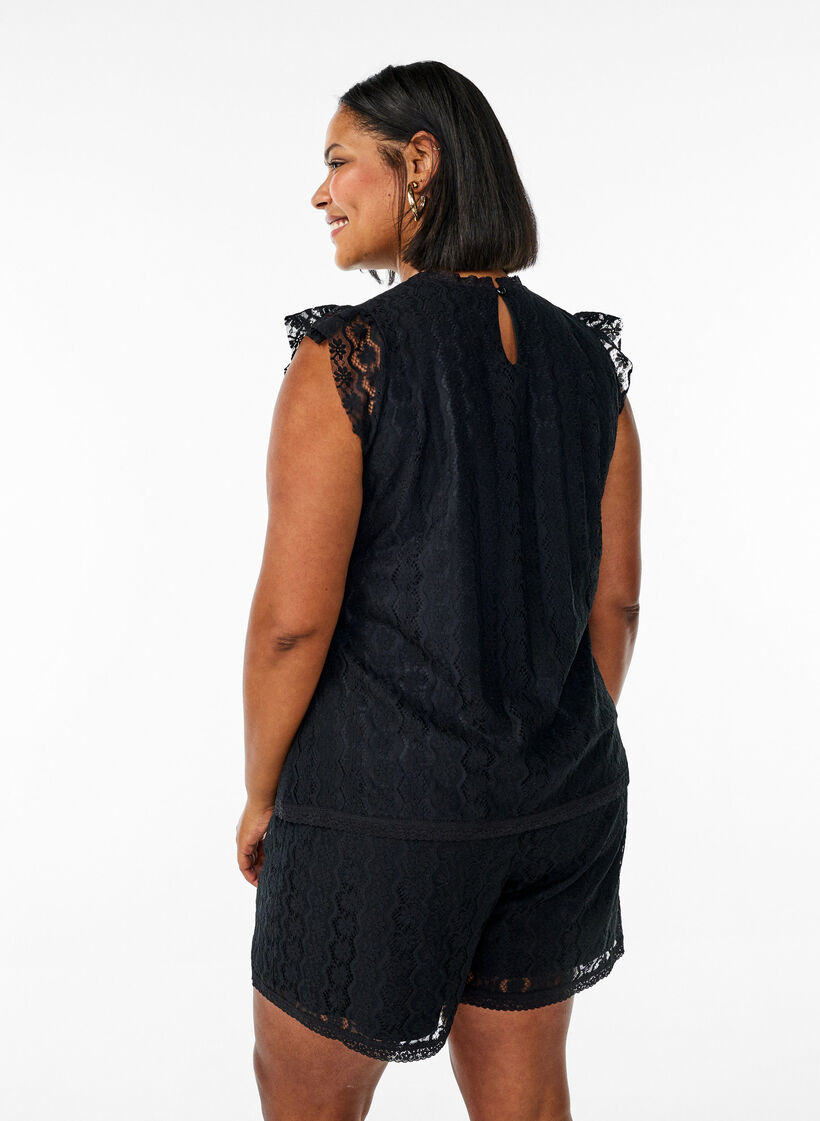 Kanten top met ruchesdetails, Black, Model