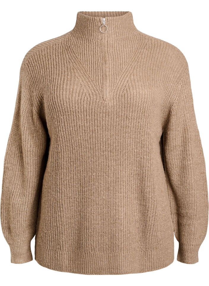 Gebreide trui met hoge hals en rits, Bruin, Packshot image number 0