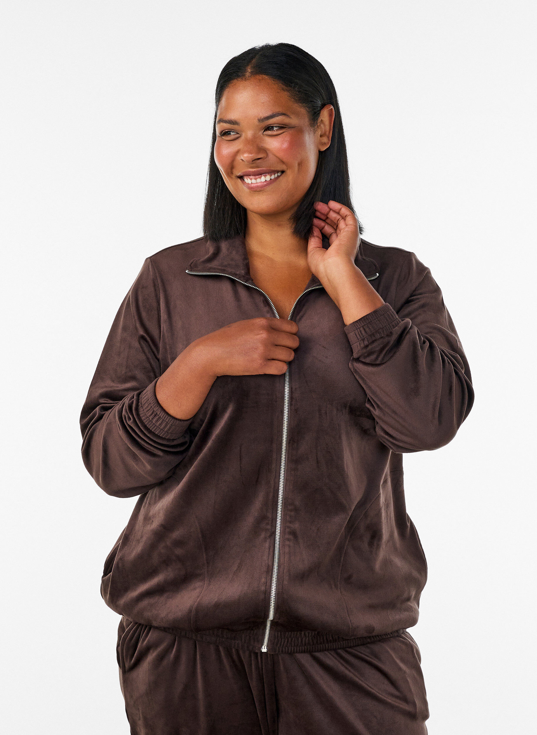 Zachte velours cardigan met rits en hoge kraag, Bruin, Model