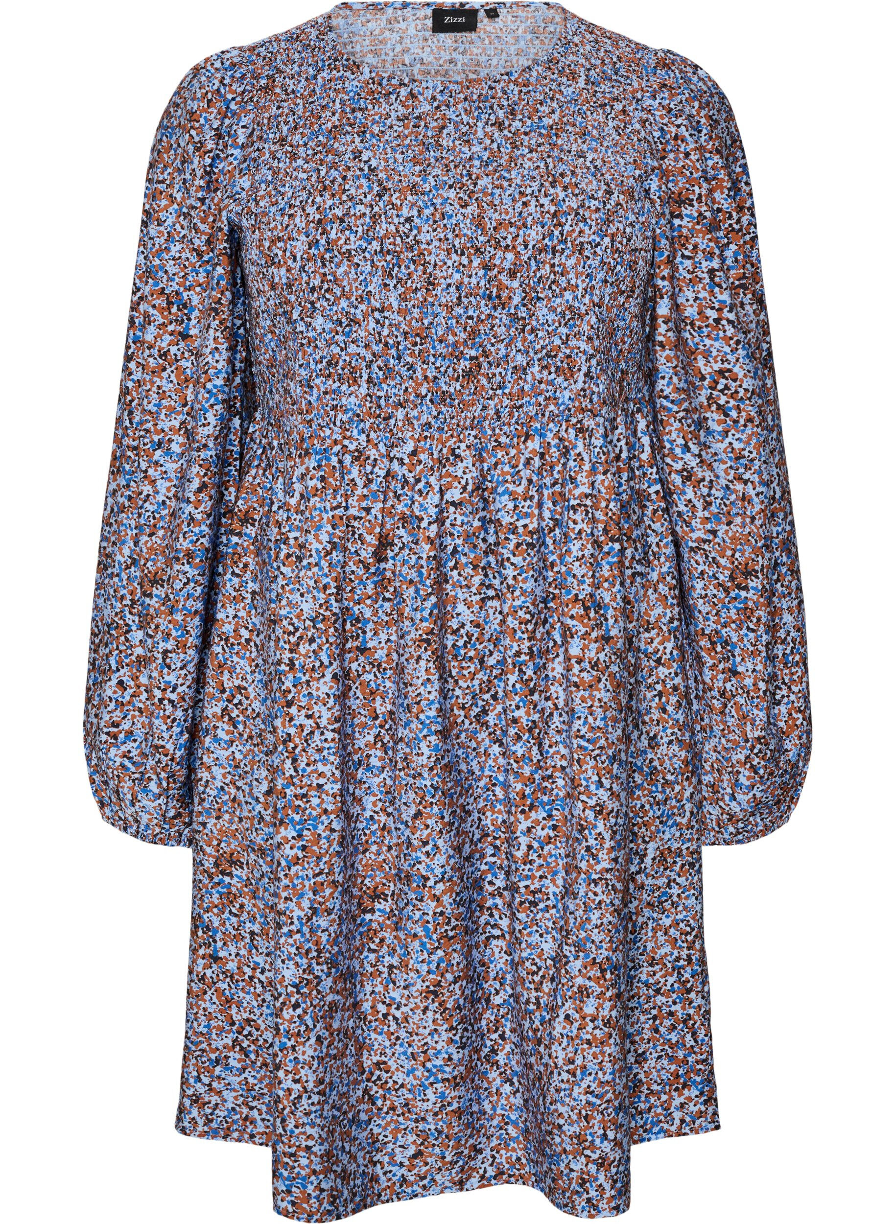 Viscose jurk met smock en een all-over patroon