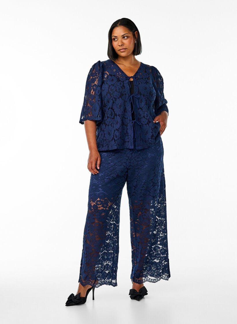 Kanten broek met hoge taille en zakken, Black Iris, Model