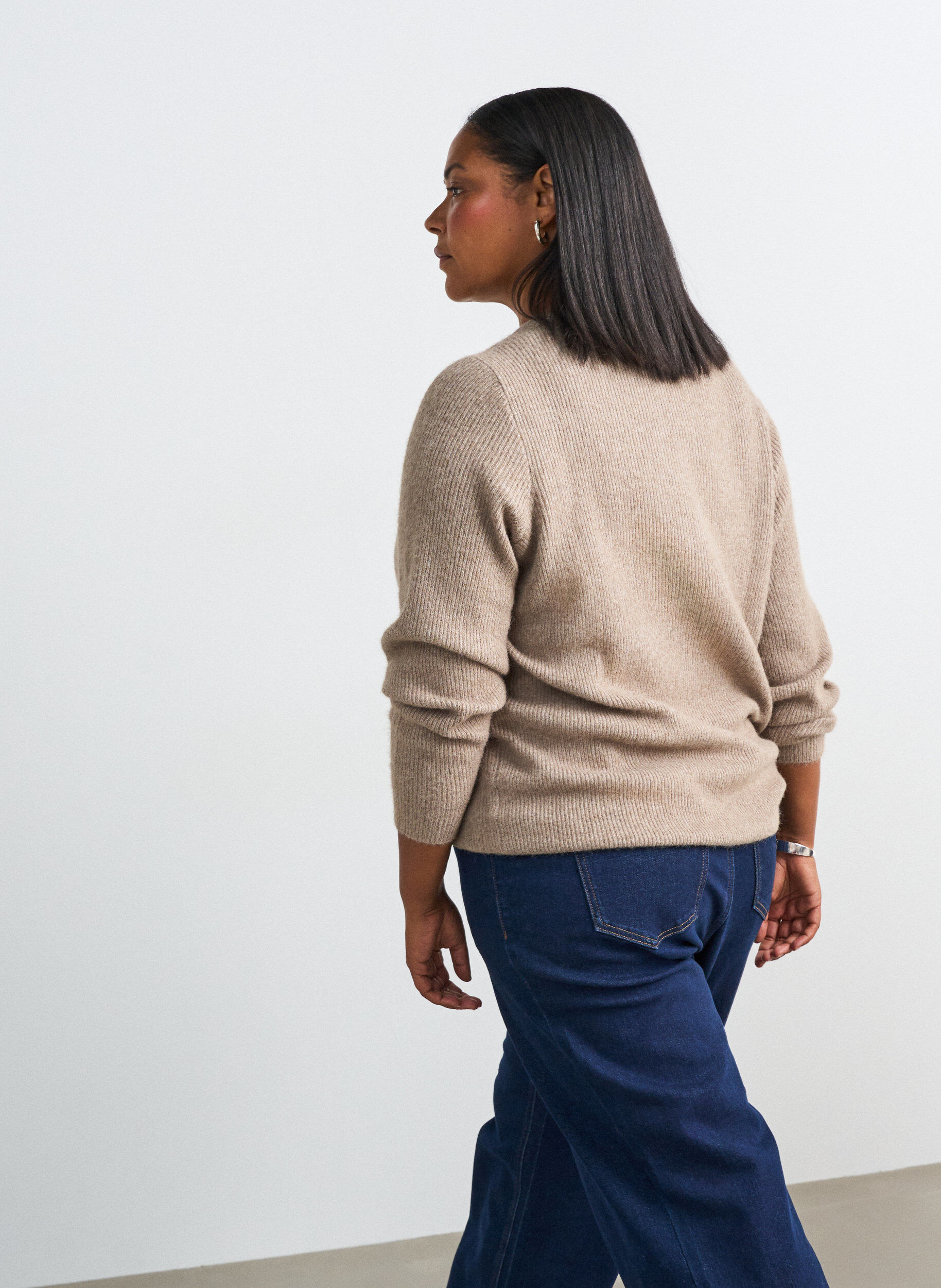 ZizziGem&ecirc;leerde gebreide blouse met ronde hals, Beige, Model image number 2