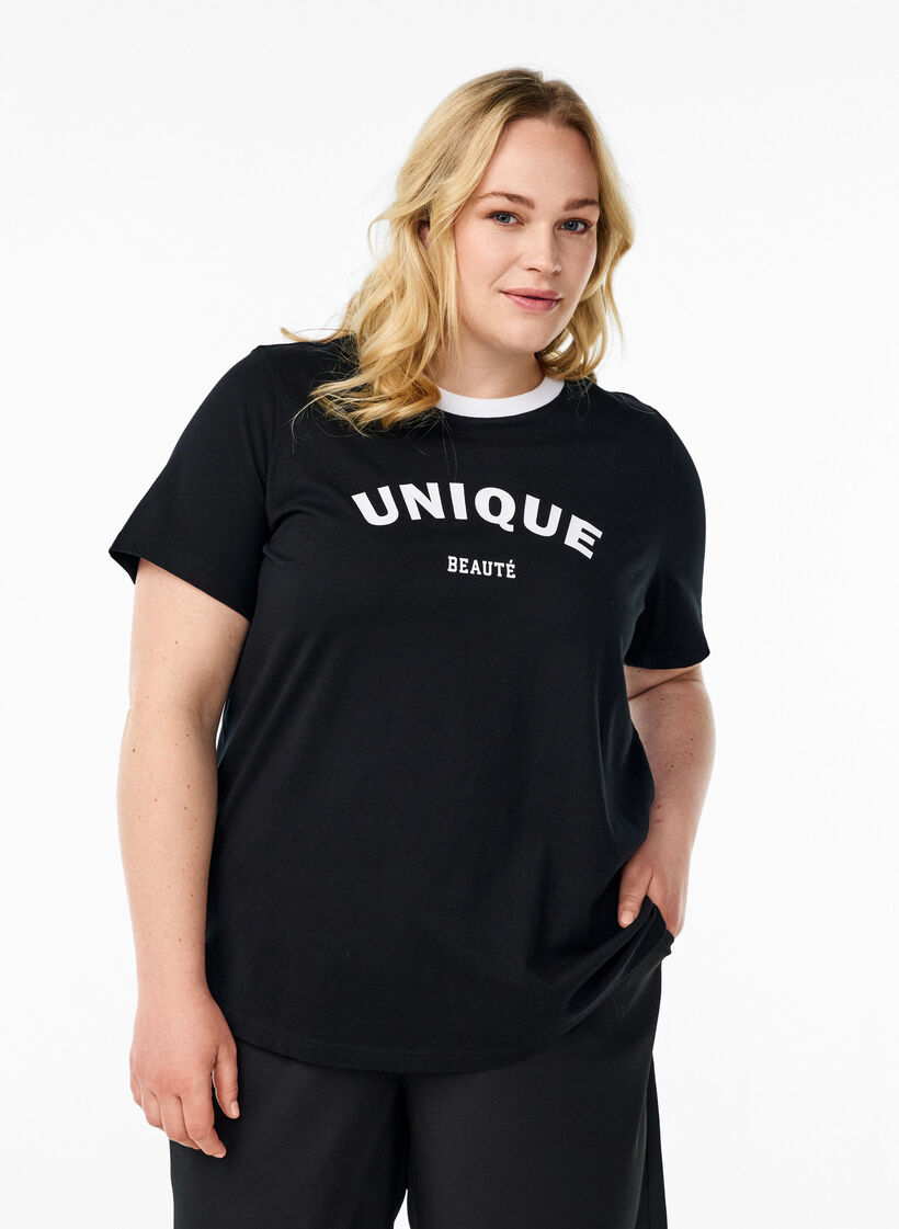 T-shirt met tekst en contrasterende rand, Zwart, Model image number 0