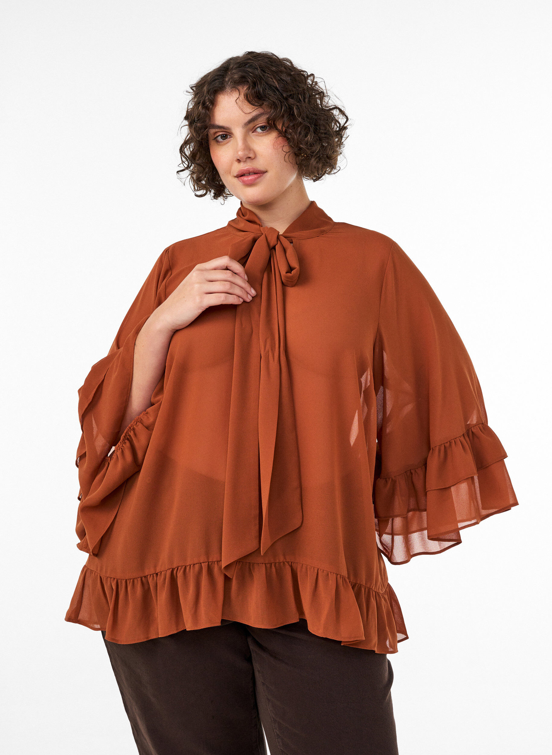 ZizziBlouse met striklint en ruches, Bruin, Model image number 0
