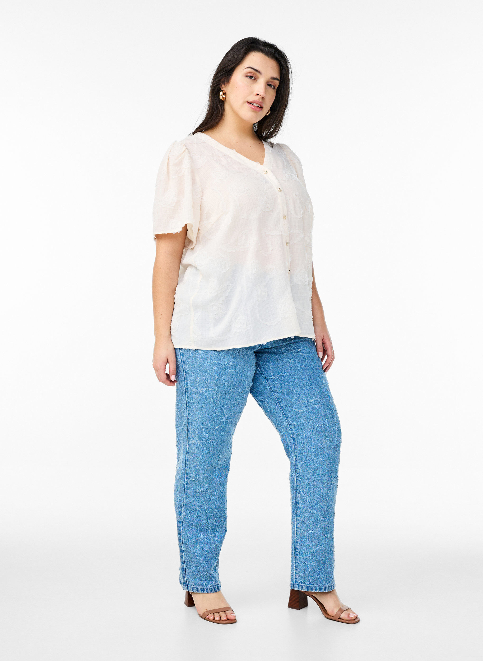 ZizziShirtblouse met korte mouwen en 3D-bloeimeffect, Beige, Model image number 1