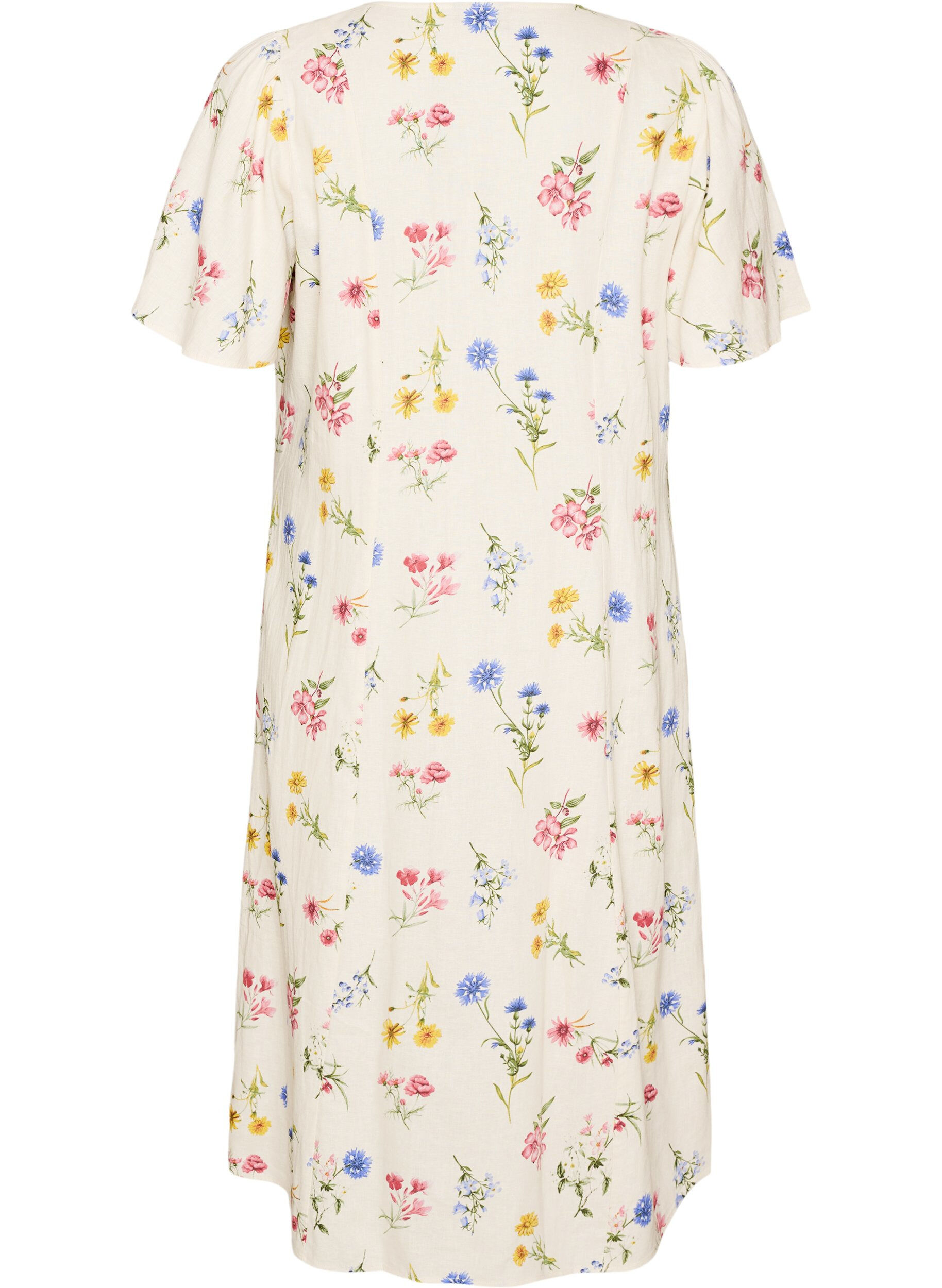 ZizziMidi jurk in linnen en viscose met ruchesmouwen, Beige, Packshot image number 1