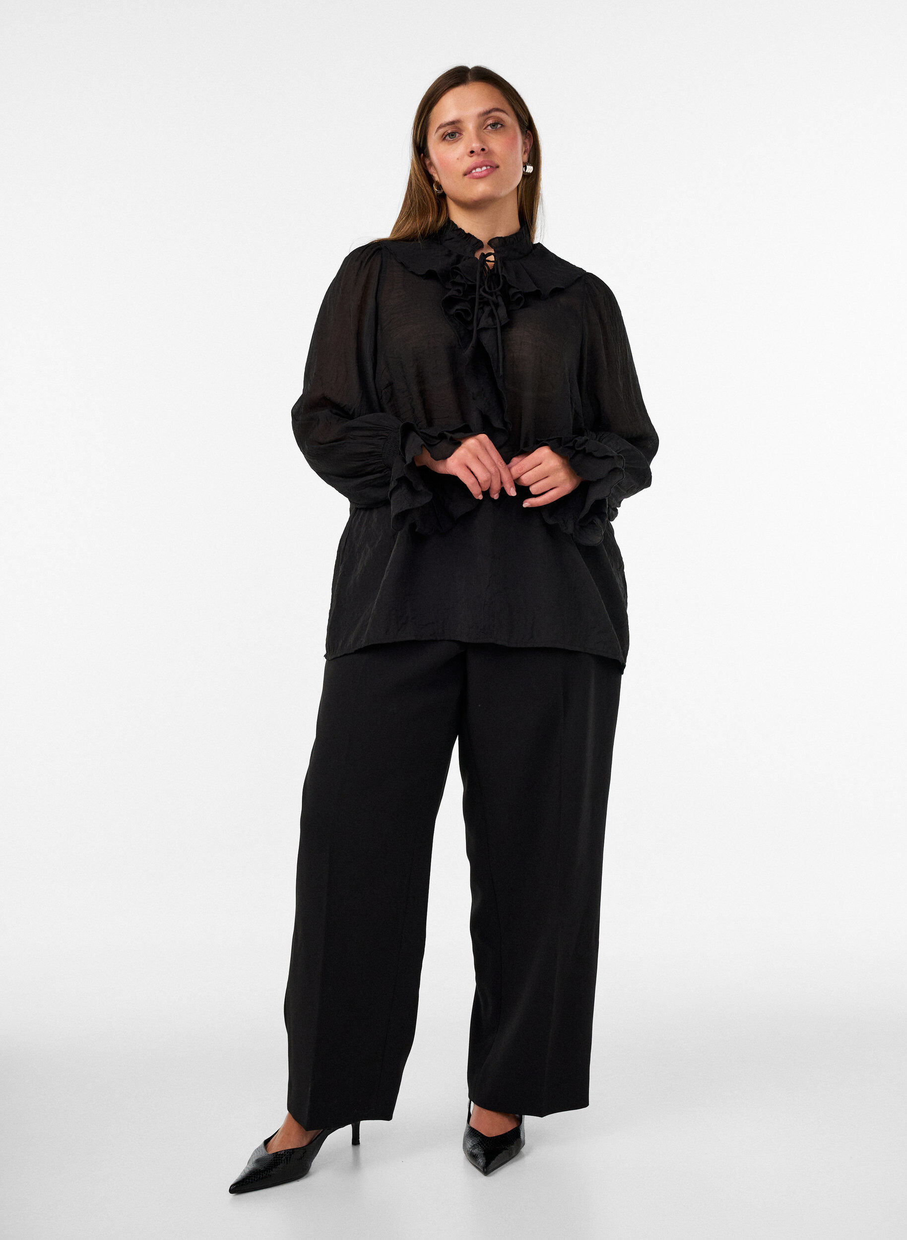 ZizziViscose blouse met ruches en lange mouwen, Zwart, Model image number 1