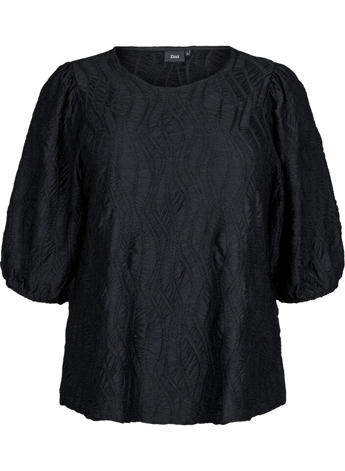 Blouse met textuur en 3/4 mouwen, Zwart, Packshot image number 0