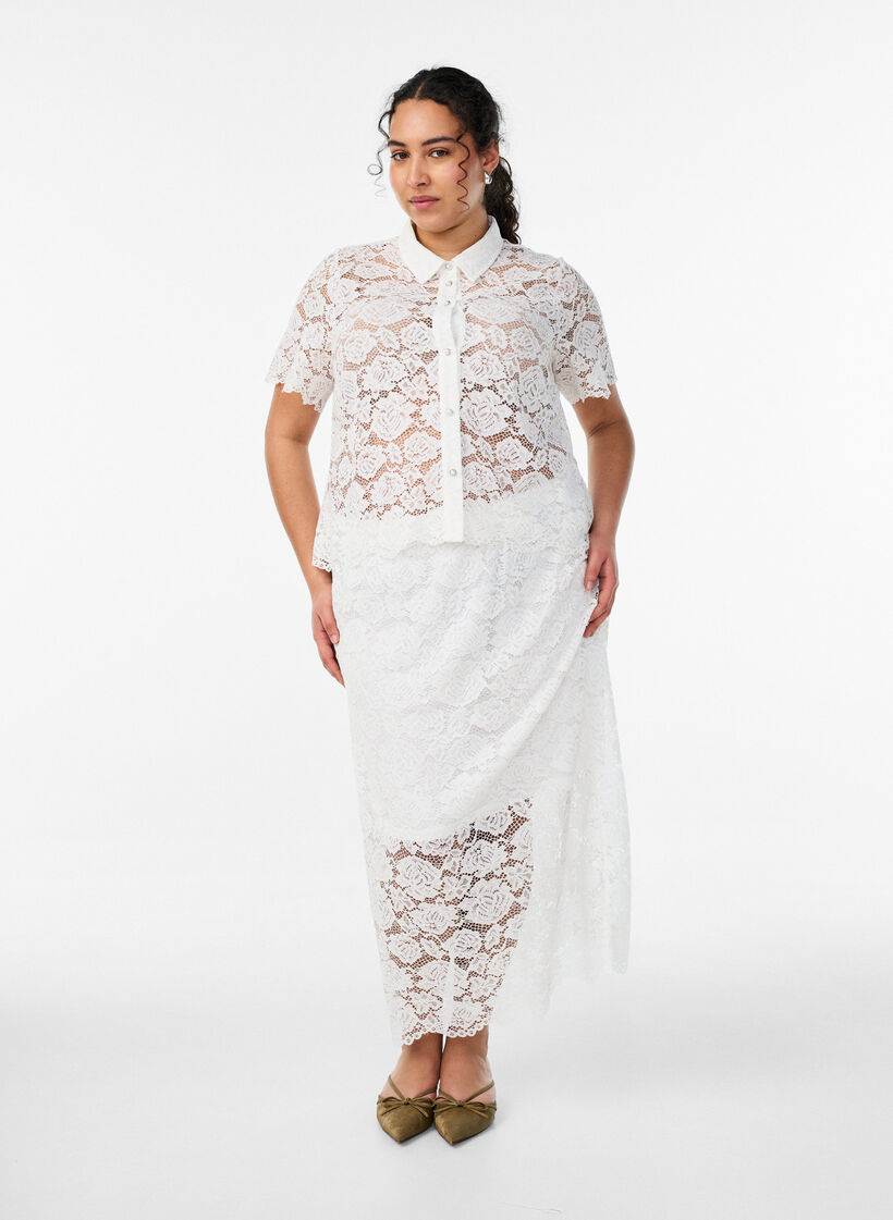 Kanten shirt blouse met parelknopen, Wit, Model image number 1