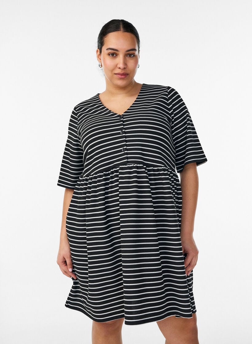 Jurk met een geribde textuur en een empirelijn, Wit, Model image number 0