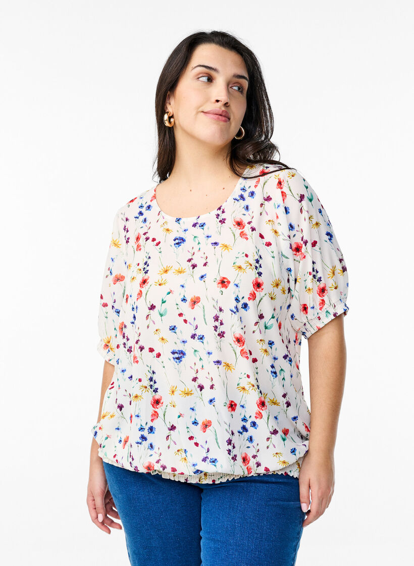 Bloemenblouse met smok, Blauw, Model image number 0