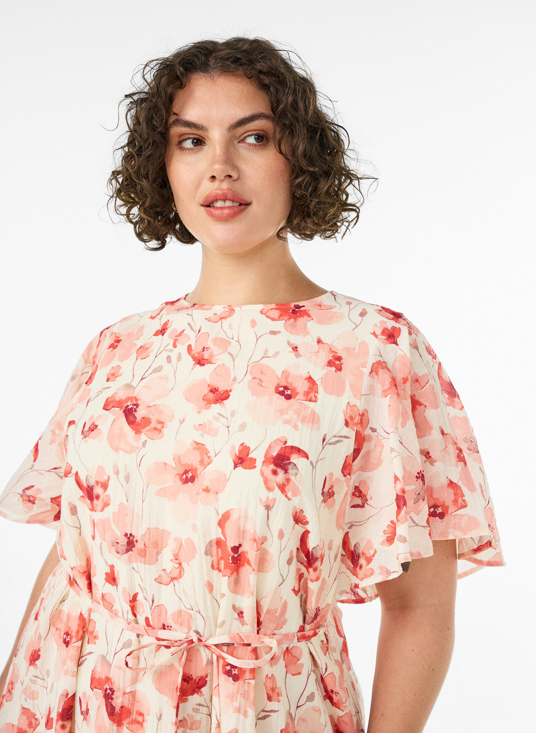 ZizziEnkellange jurk met vlindermouwen en strikceintuur, Roze, Model image number 2