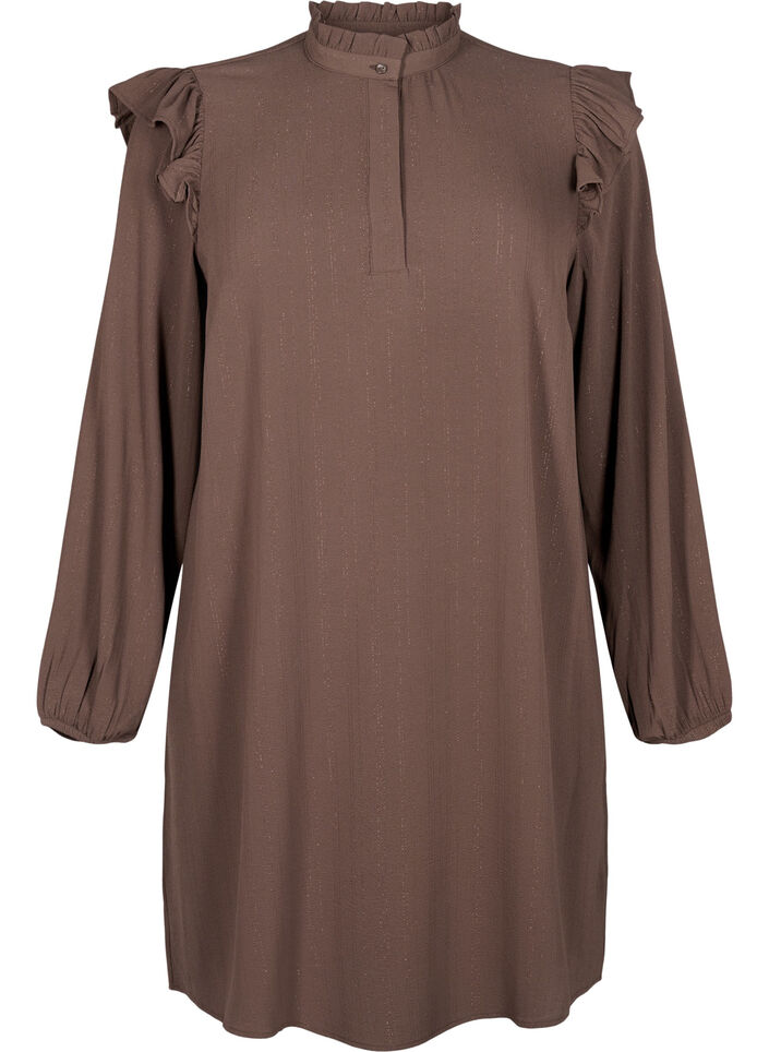 Kort jurkje met ruches en glitter, Bruin, Packshot image number 0