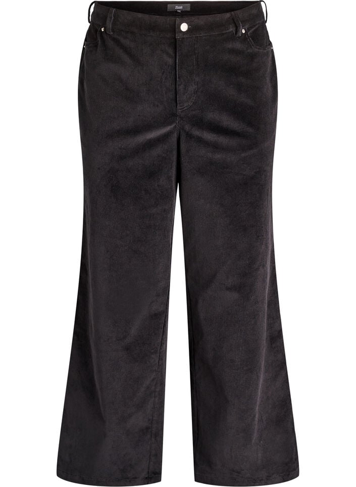 Hoog getailleerde ribcord broek met wijde pijpen, Zwart, Packshot