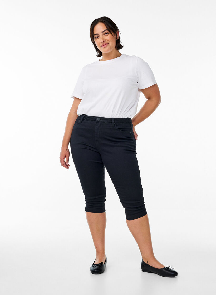High waist Amy capri jeans met super slim fit, Zwart, Model image number 0