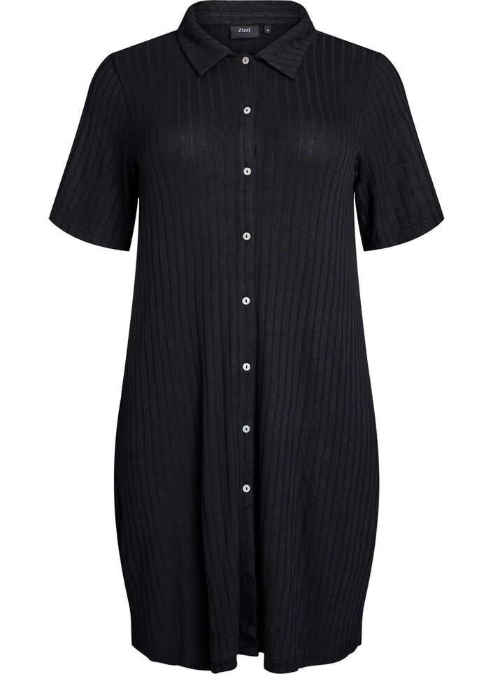 Jersey overhemdjurk met kniehoogte en korte mouwen, Zwart, Packshot image number 0