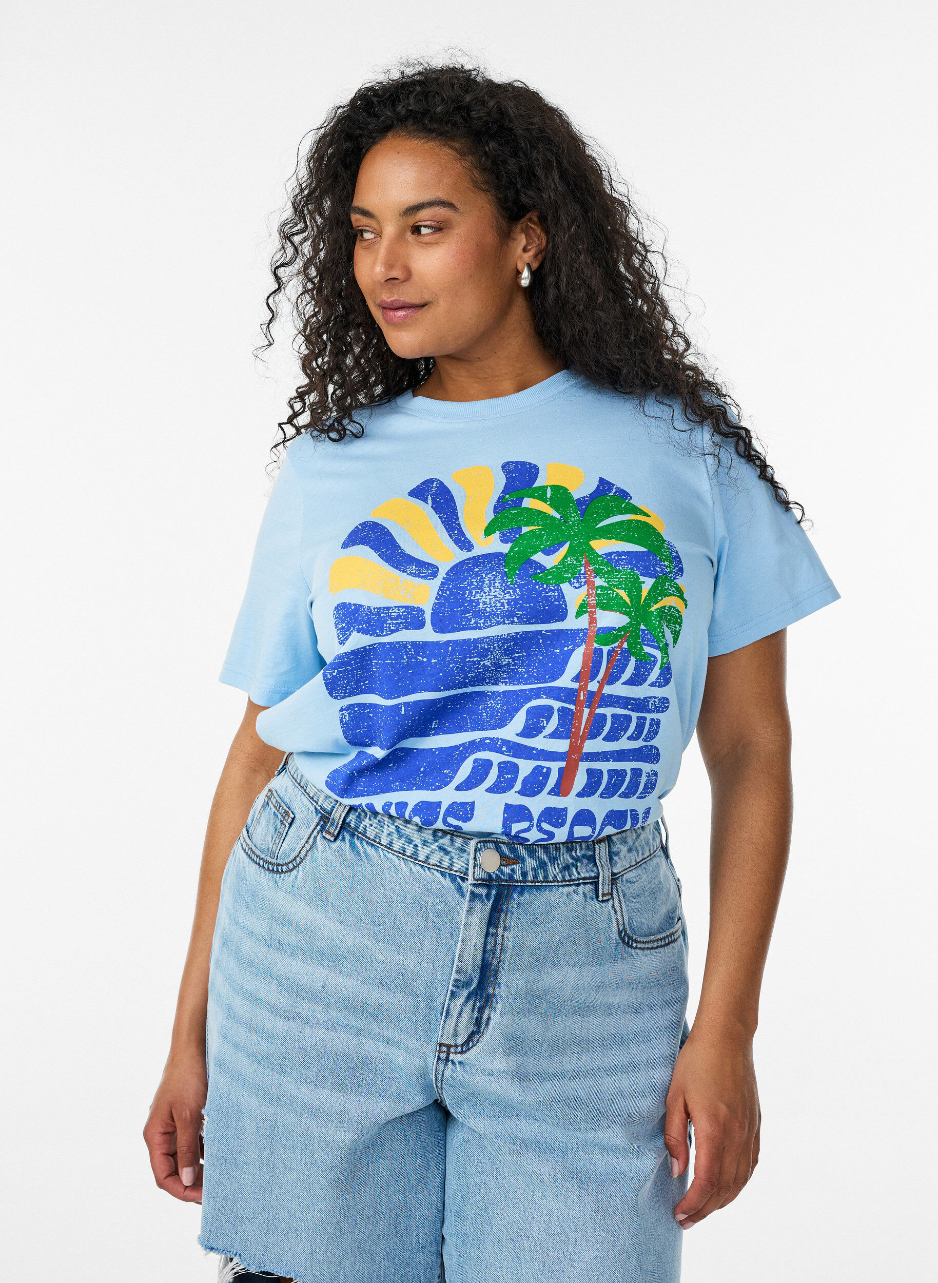 Katoenen T-shirt met print, Blauw, Model