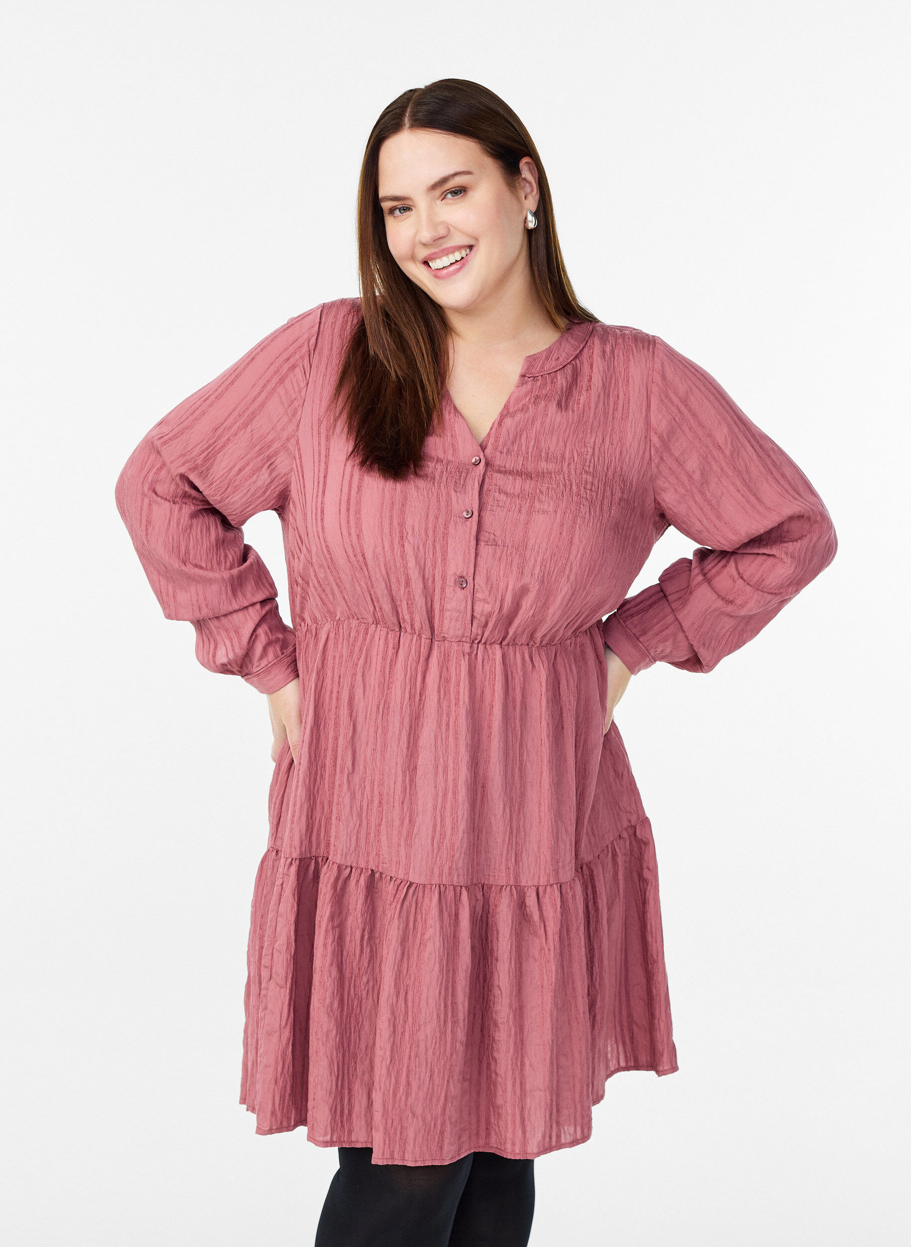 Korte jurk met geweven streepstructuur en elastische taille, Roze, Model