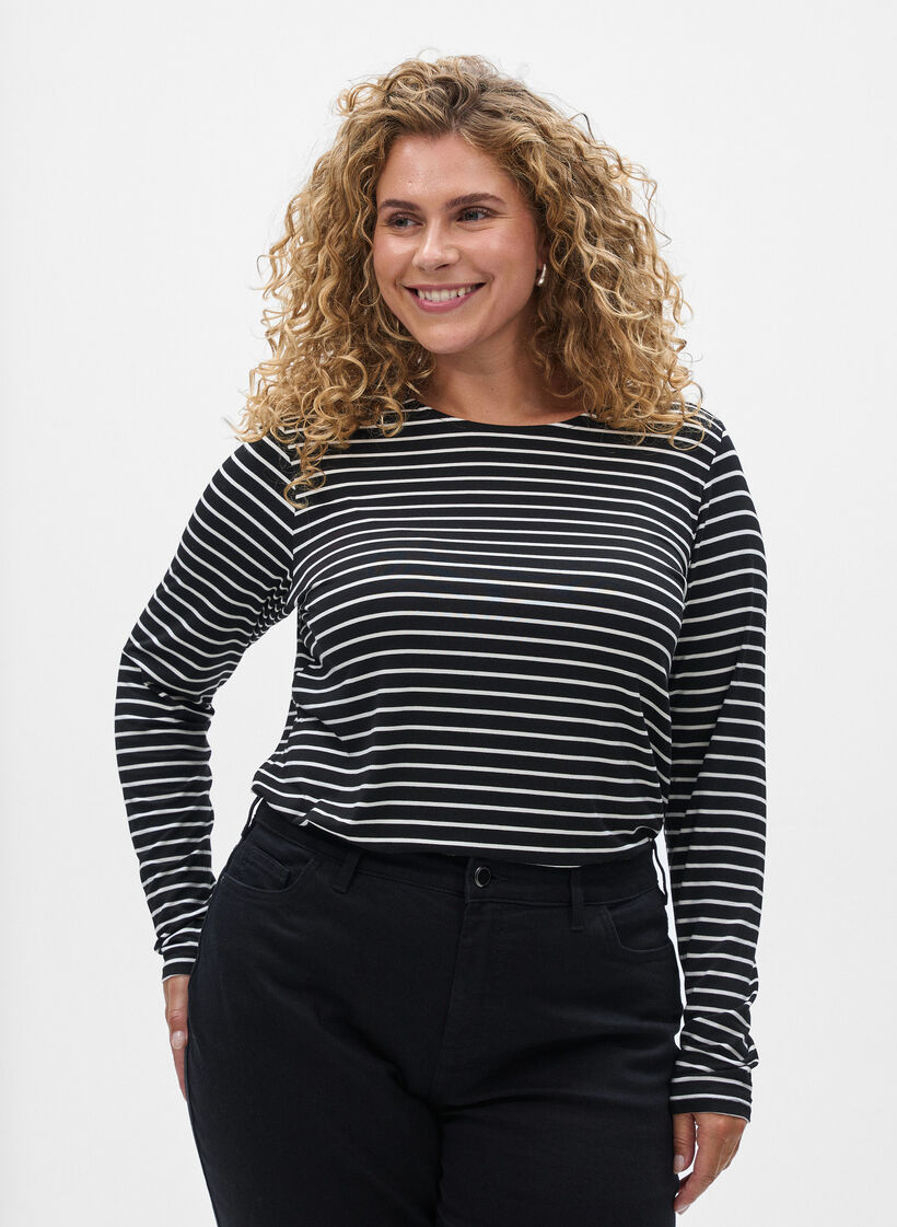 Gestreepte blouse met lange mouwen, Zwart, Model image number 0