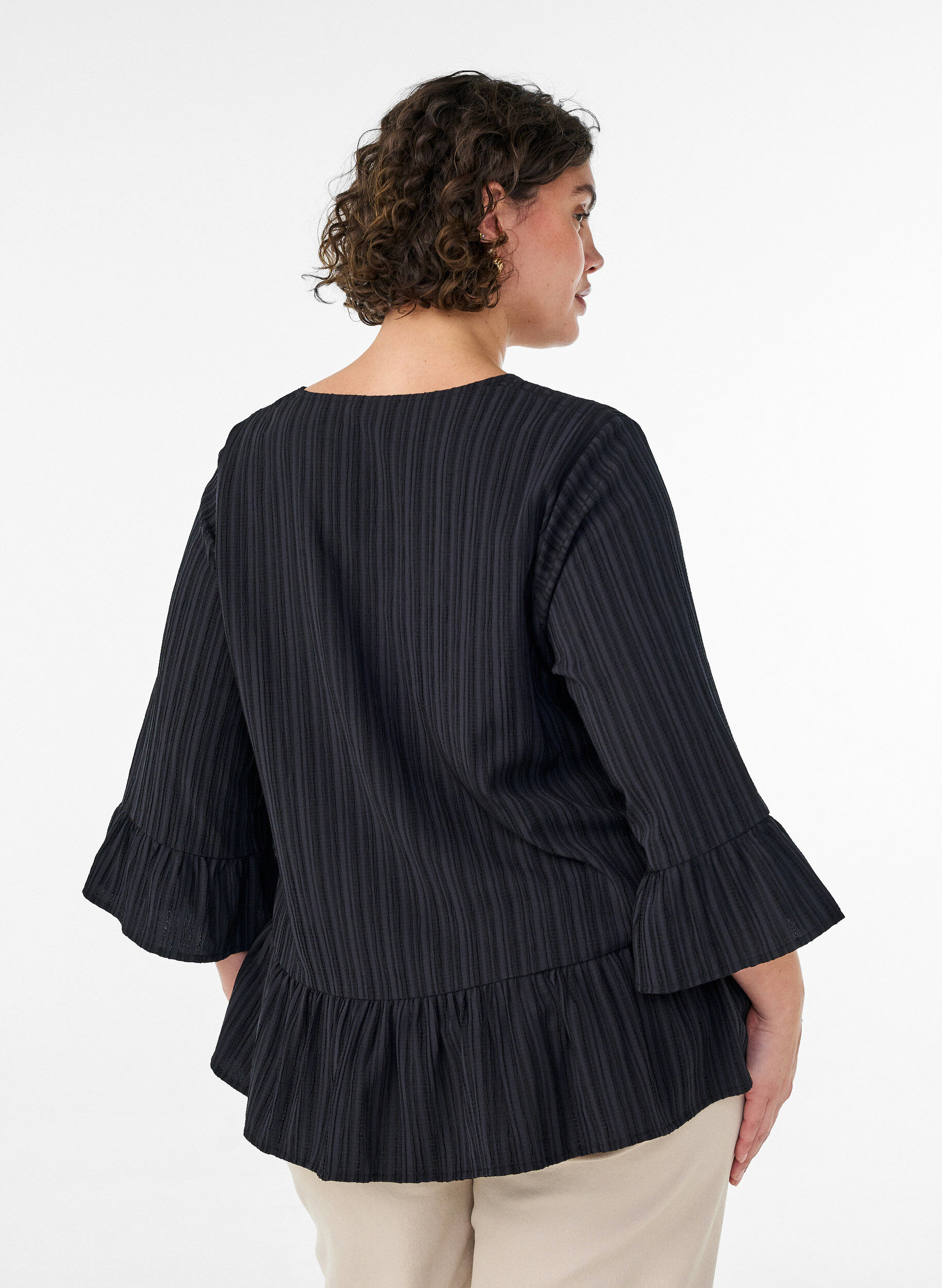 ZizziBlouse met textuur, V-hals en ruches, Zwart, Model image number 2