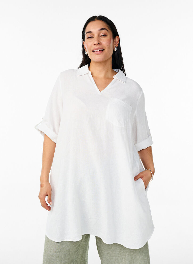 Tuniek van linnen en viscose met A-vorm, Bright White, Model