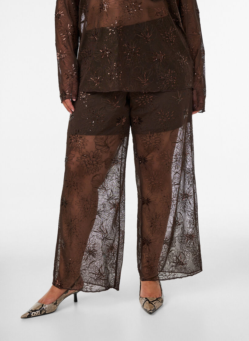 Mesh broek met bloemenborduursels en pailletten, Bruin, Model image number 2