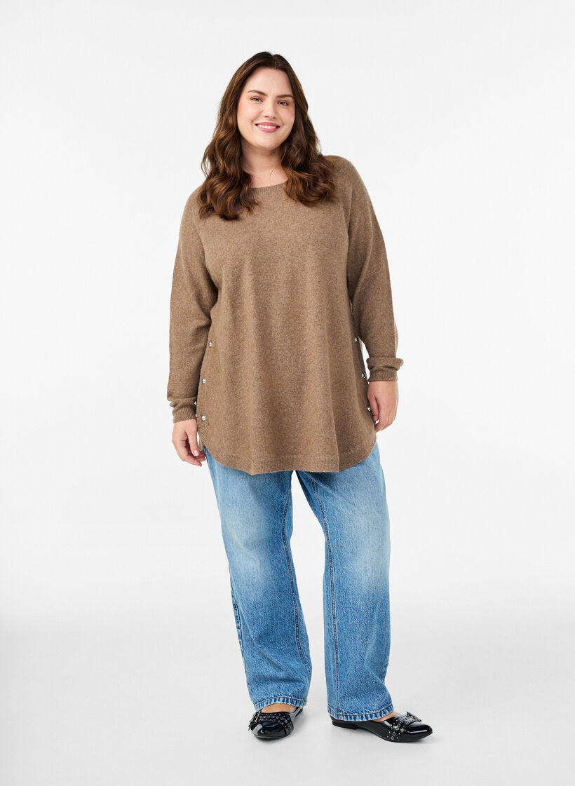 Lange gebreide blouse met balknopen, Bruin, Model image number 1
