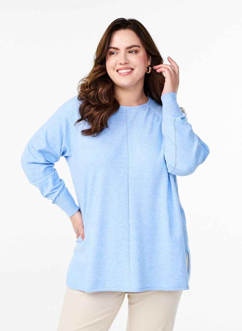 Gebreide blouse met ronde hals en gebreid patroon, Della R. Blue Mel., Model