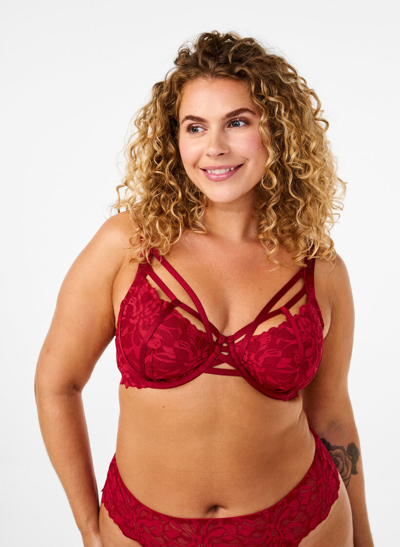 Volledig bedekkende kanten bh met stringdetails, Rhythmic Red, Model