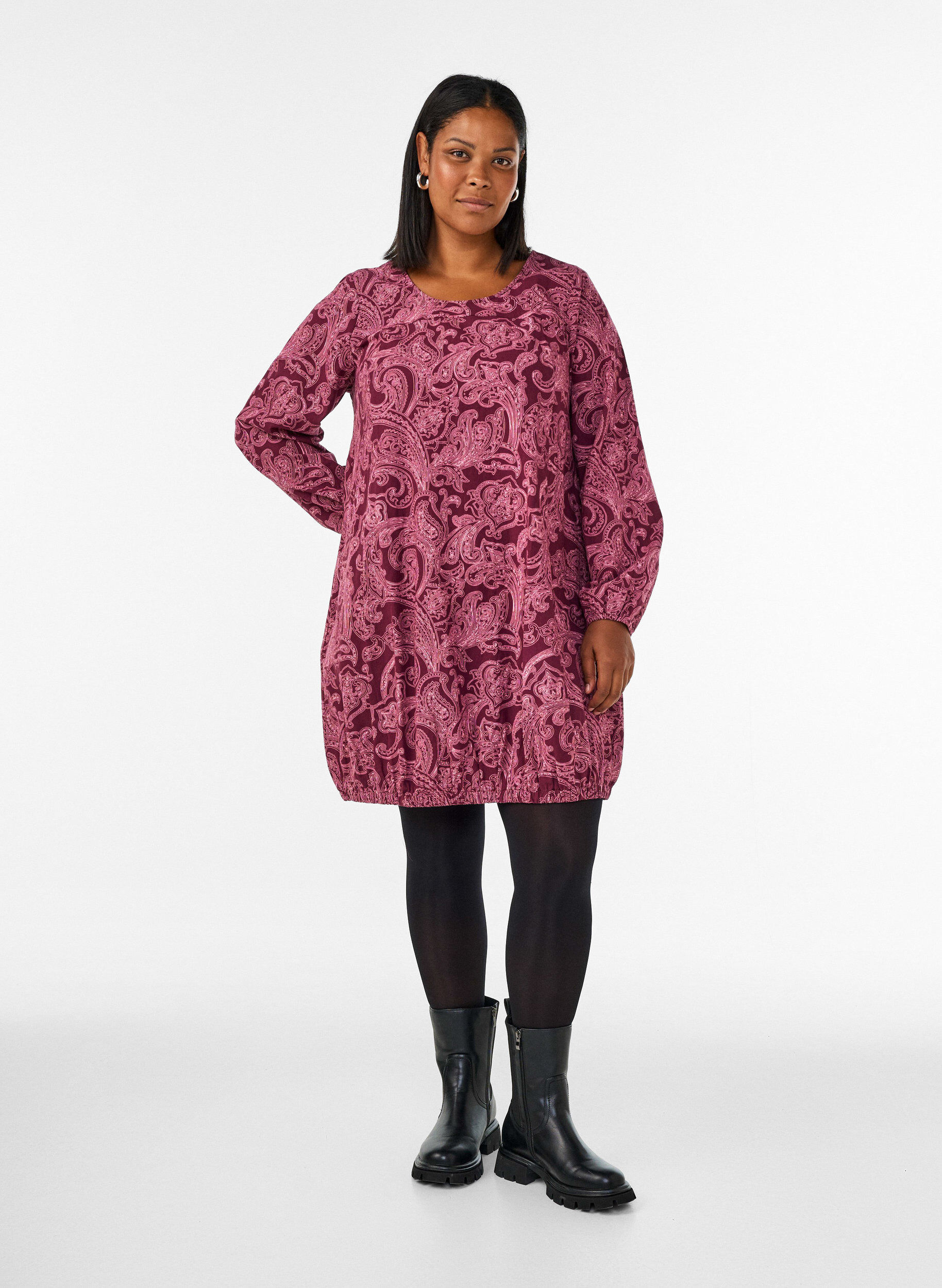 ZizziKorte katoenen jurk met een elastische zoom en lange mouwen, Donker Bordeaux, Model image number 1