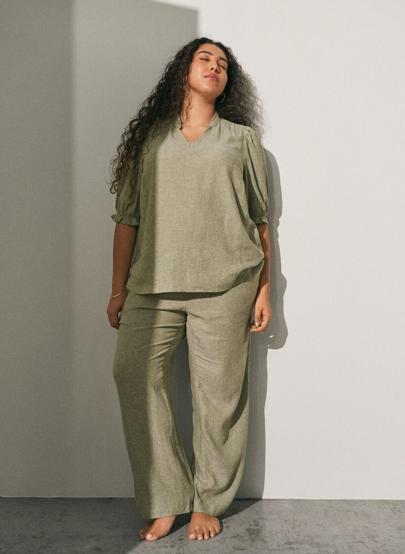 Linnen en viscose broek met losse pasvorm, Groen, Image image number 0