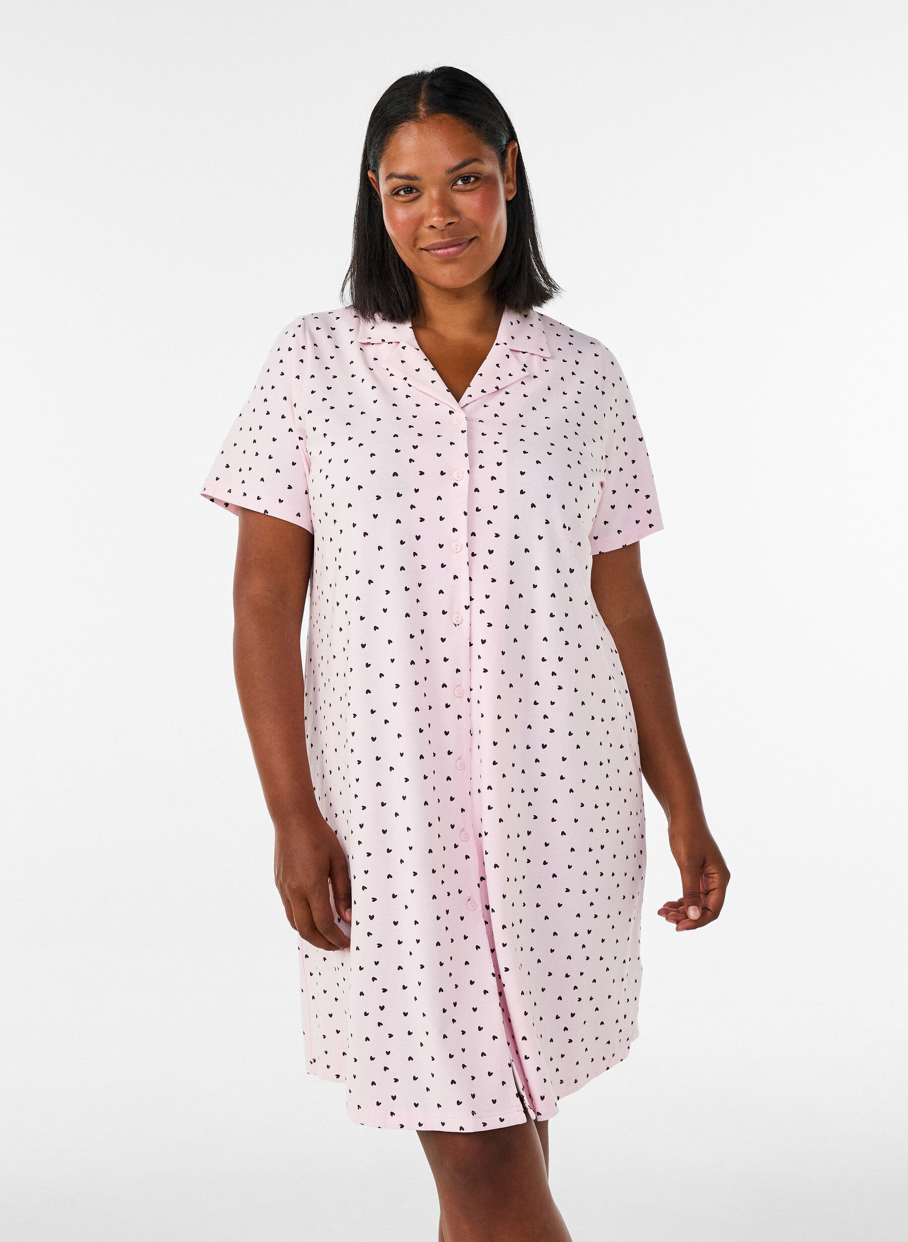Katoenen nachtjapon met knoopsluiting, Roze, Model