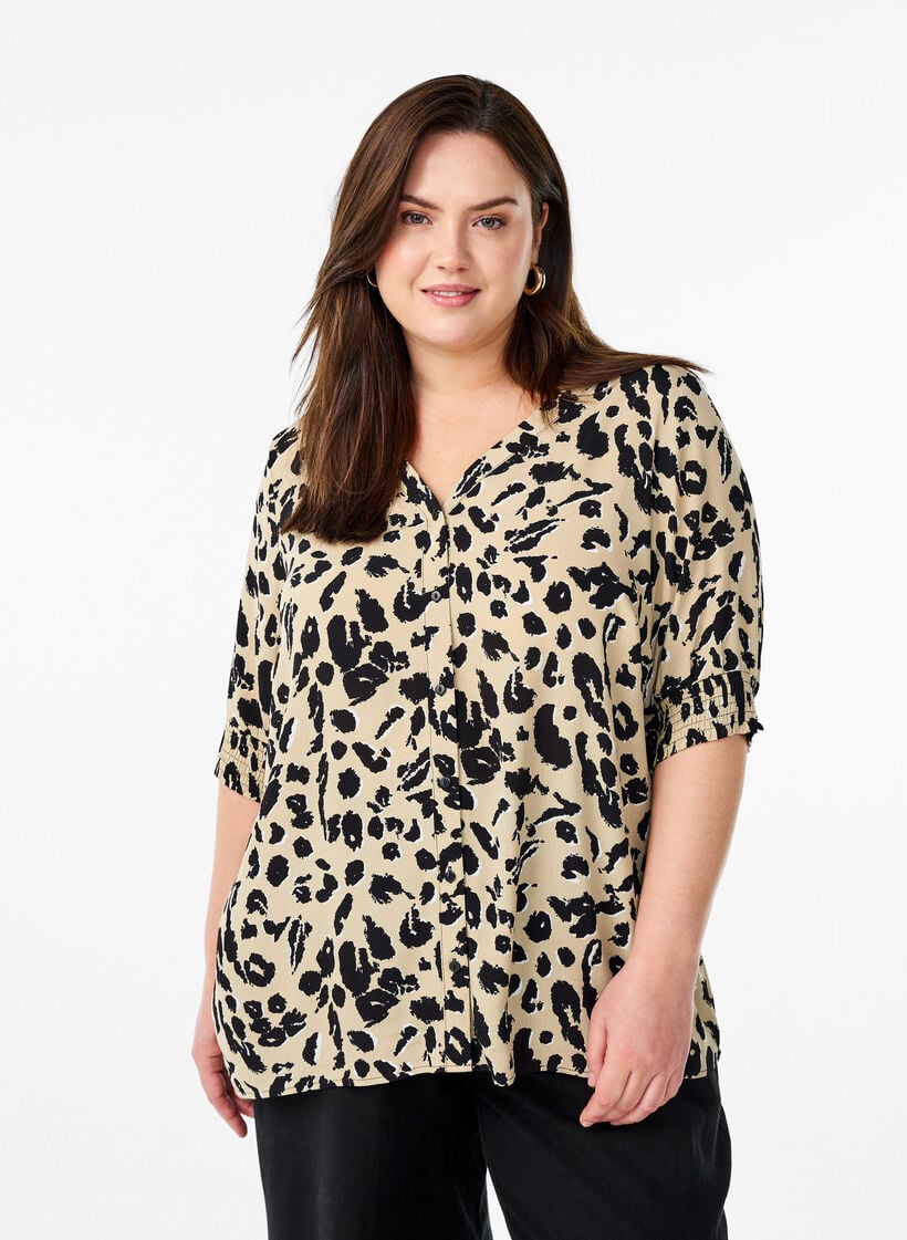 Viscose blouse met korte mouwen, Beige, Model image number 0