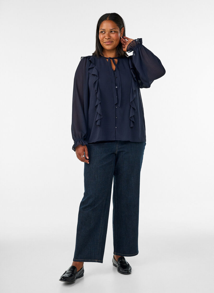Transparante blouse met ruches en striksluiting, Blauw, Model image number 1