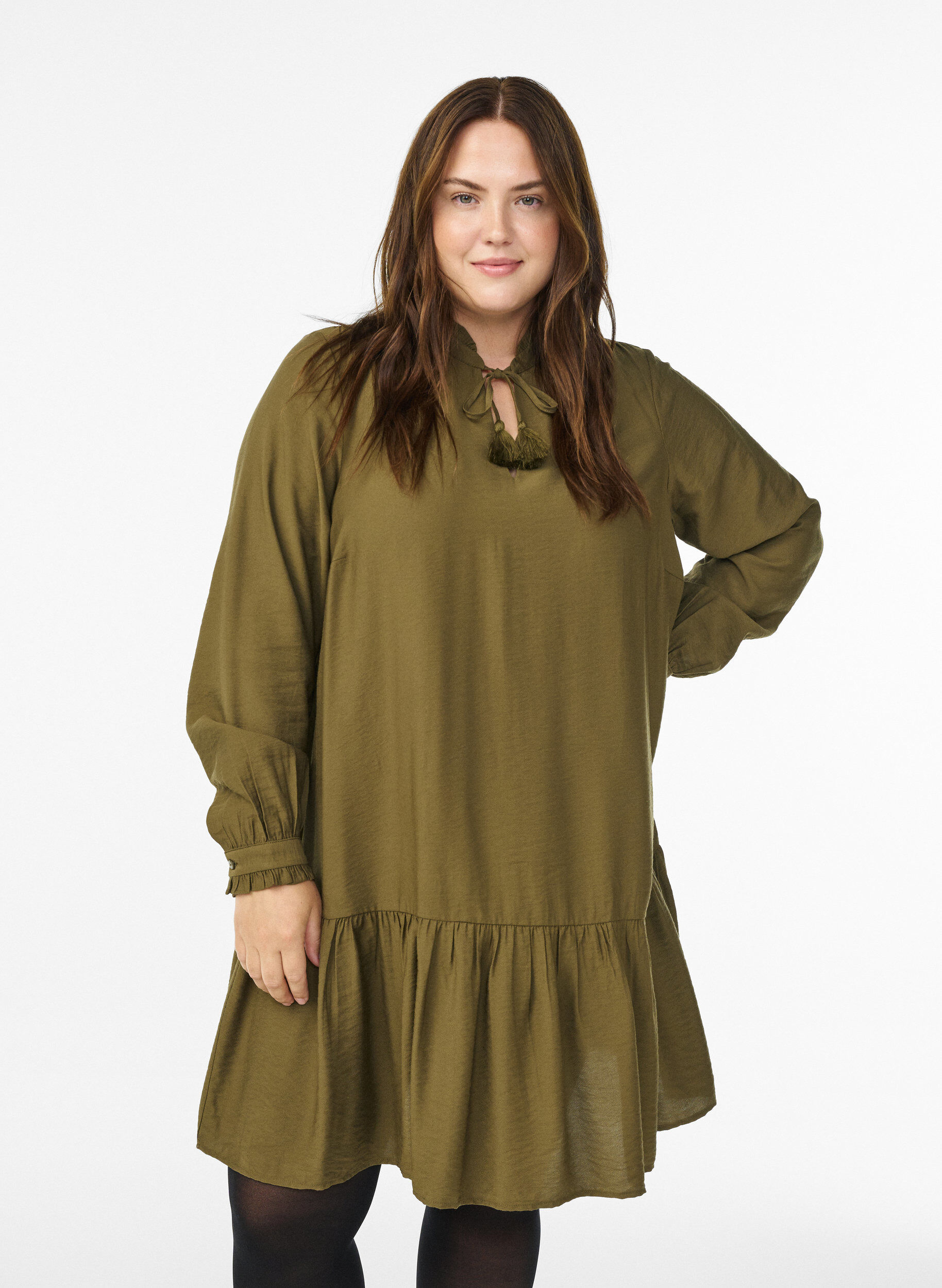 Korte A-lijn jurk met ruches, Groen, Model