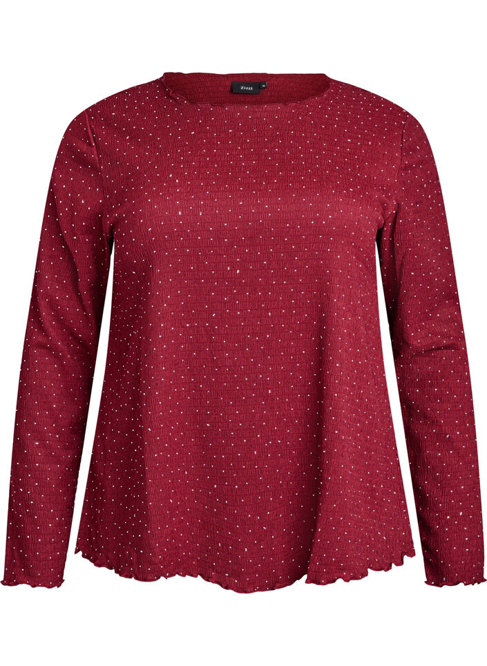 Blouse met lange mouwen en strassstenen, Donker Bordeaux, Packshot image number 0