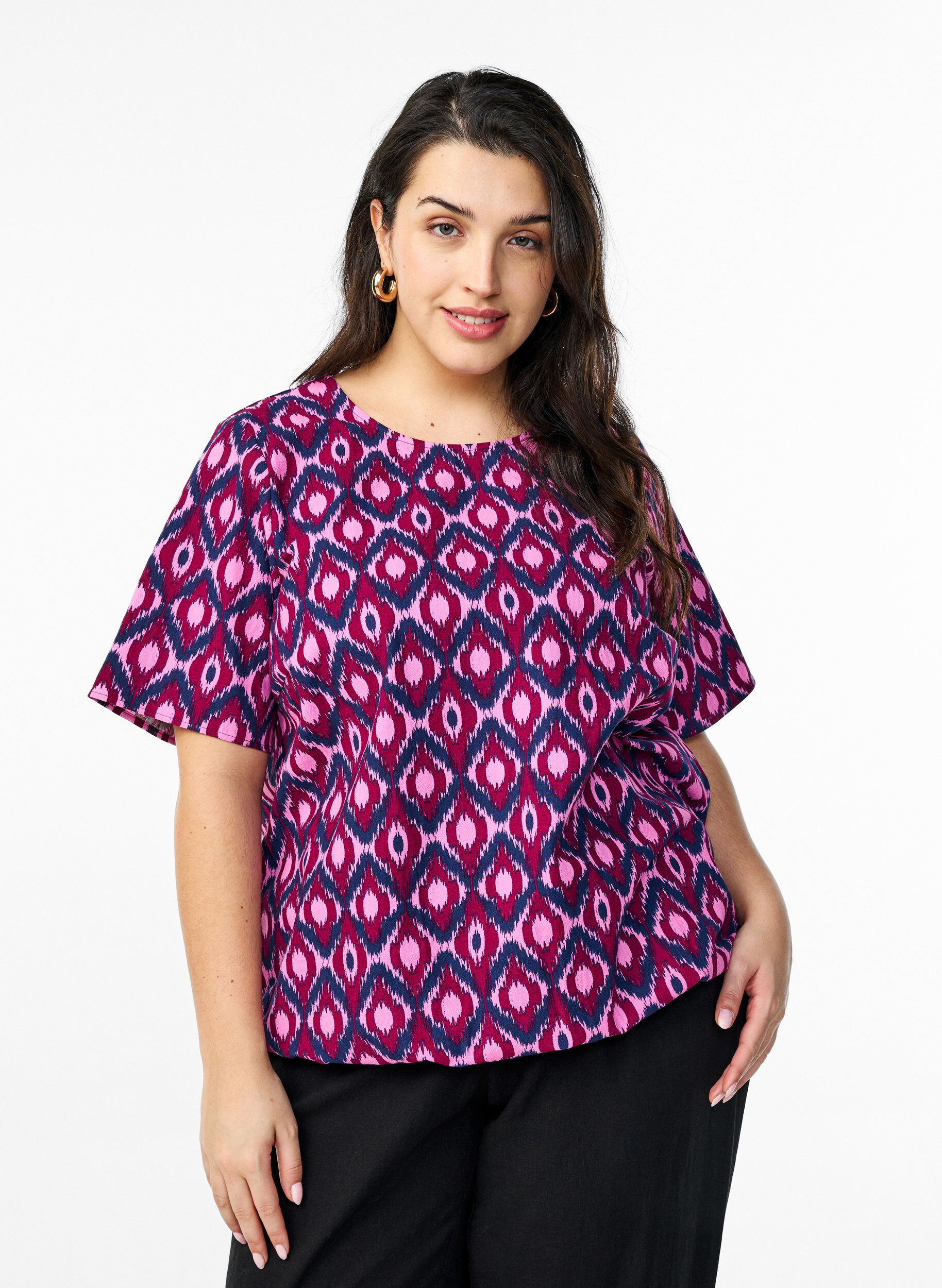Katoenen blouse met print en korte mouwen, Roze, Model