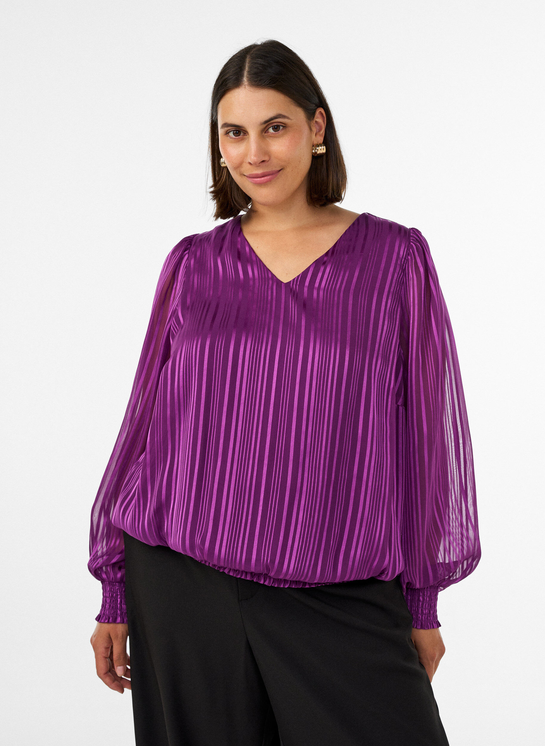 Gestreepte blouse met ballonvorm, Paars, Model