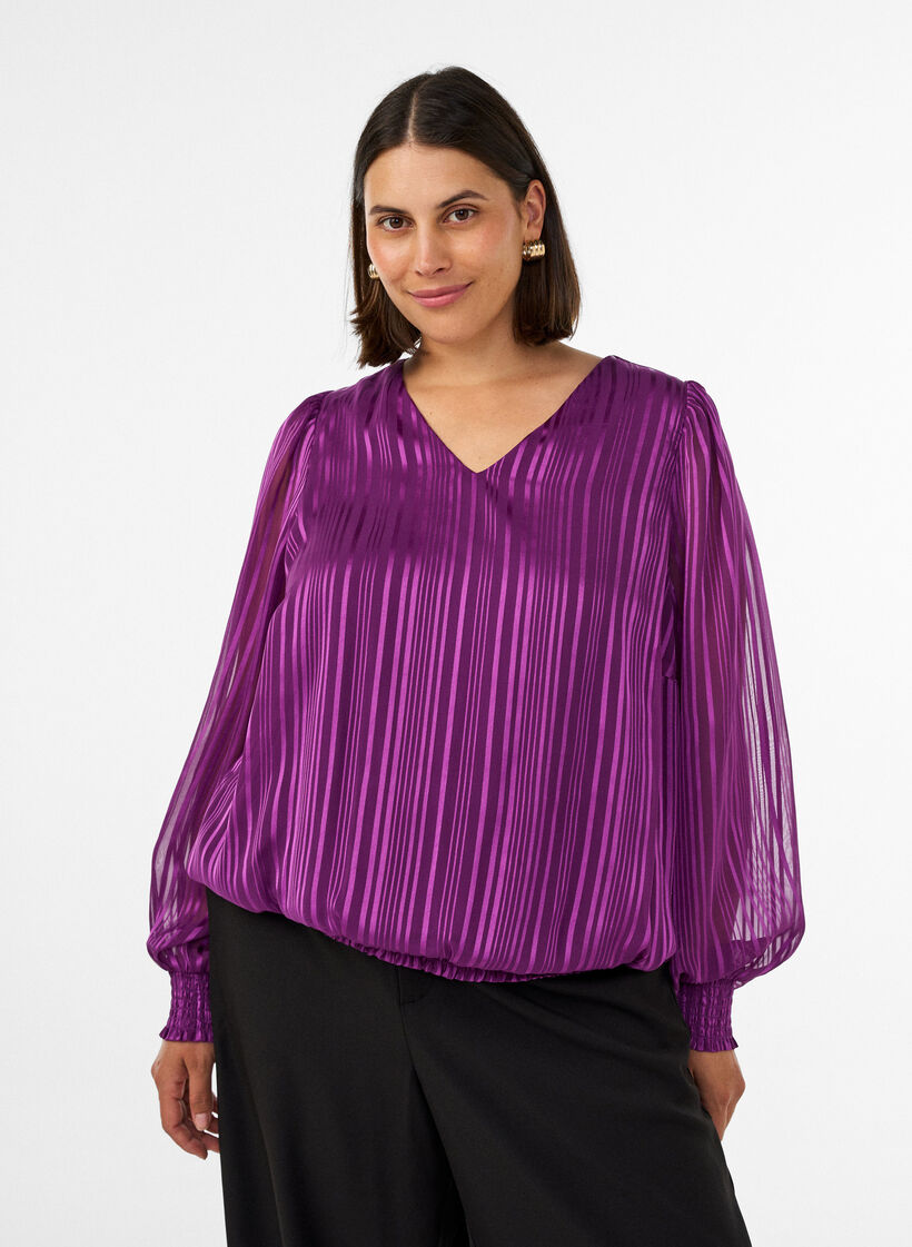 Gestreepte blouse met ballonvorm, Paars, Model image number 0