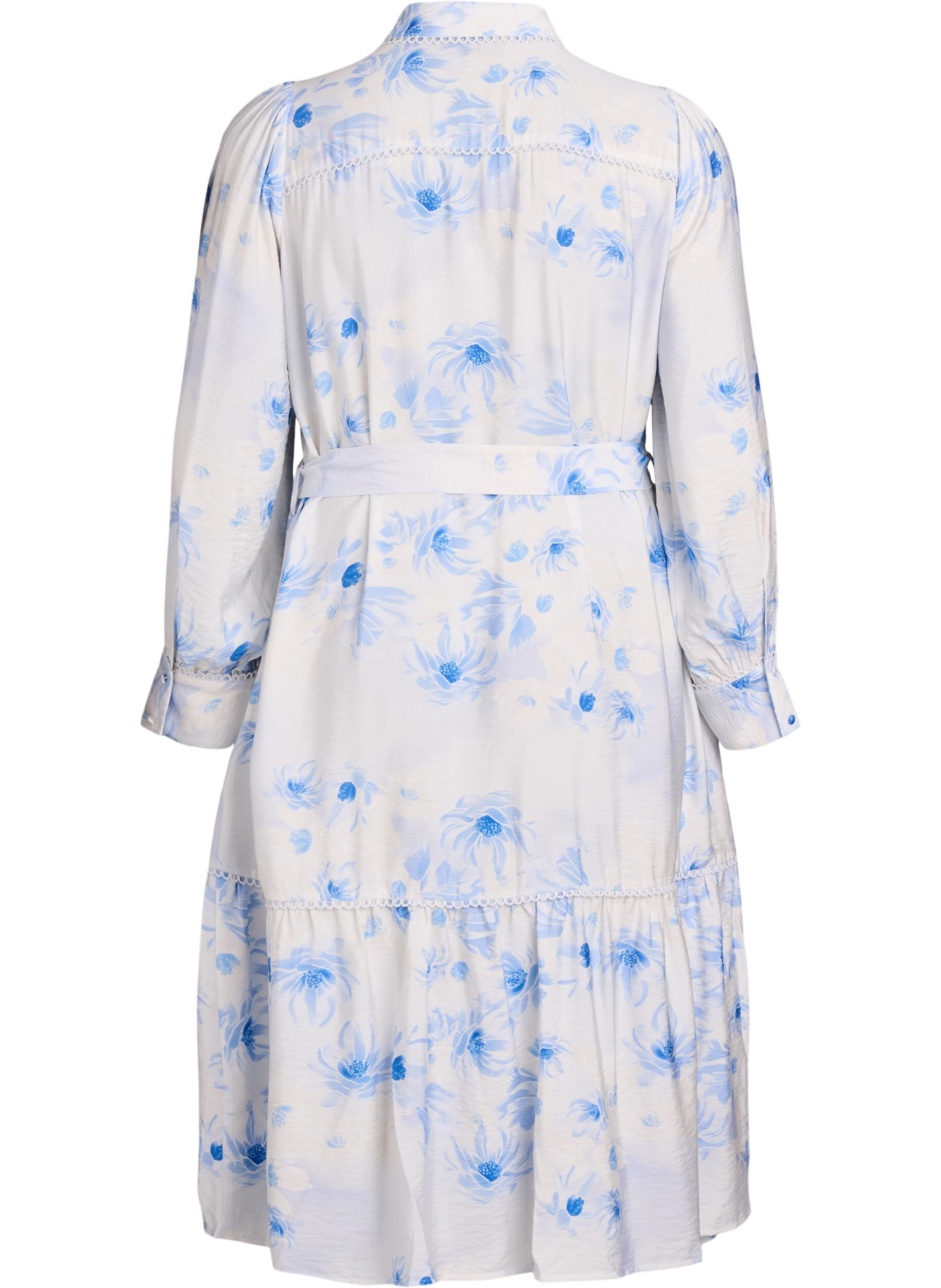 ZizziFloral midi-jurk met een riem en lange mouwen, Blauw, Packshot image number 1
