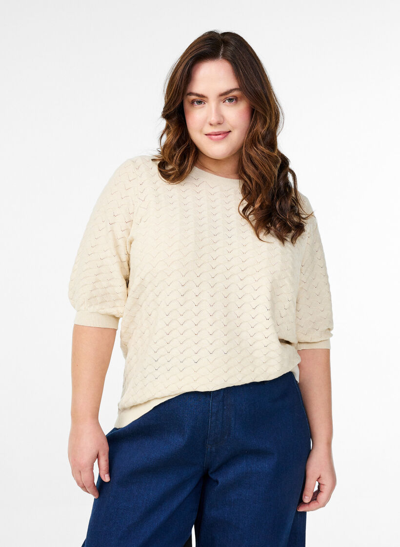 Gebreide blouse met opengewerkt patroon en korte mouwen, Birch Mel., Model