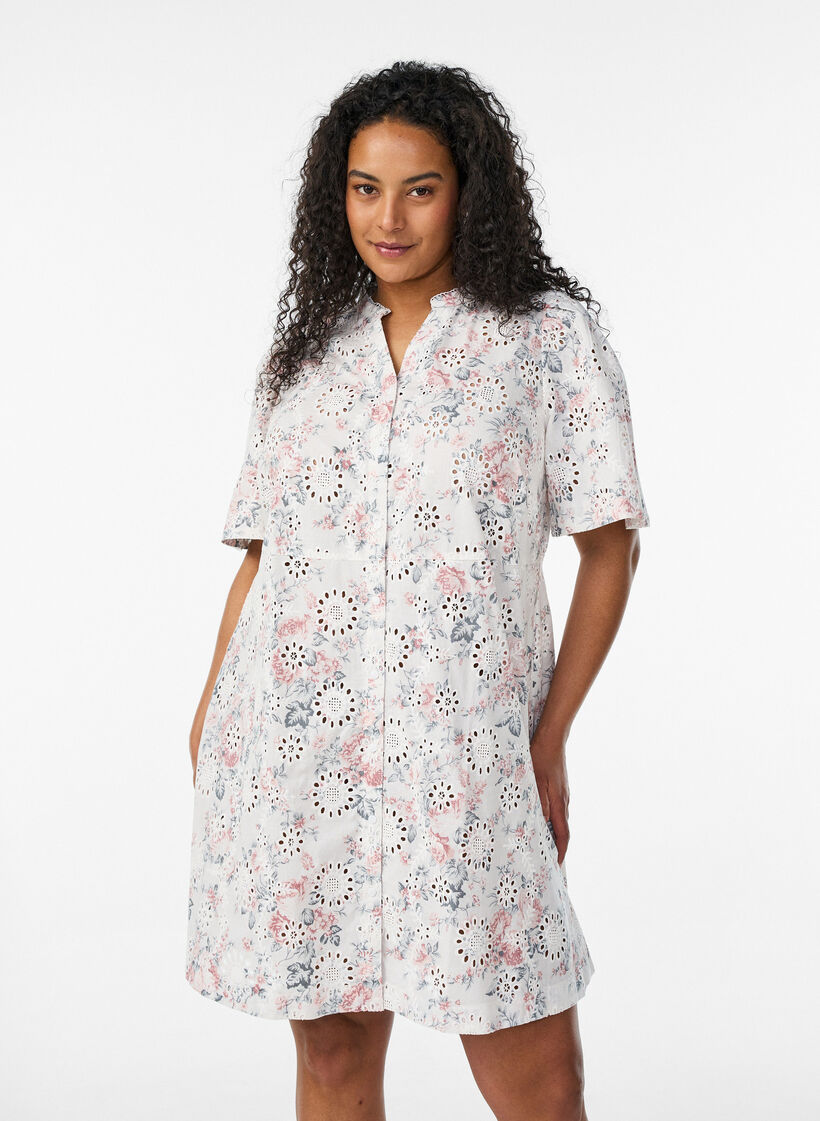 Katoenen jurk met bloemenprint en broderie anglaise, Vanille, Model image number 0