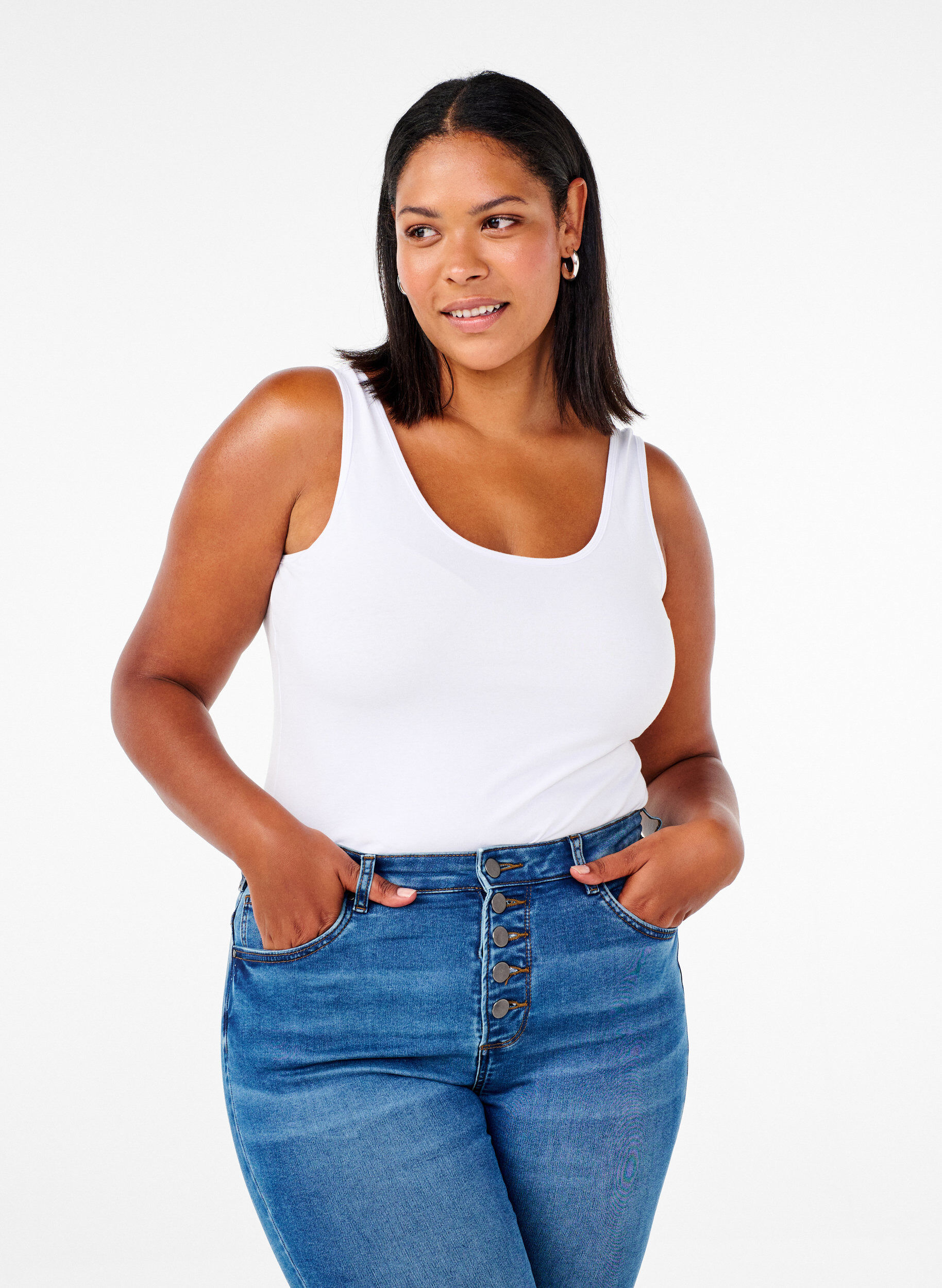 Effen gekleurd basic top in katoen, Wit, Model