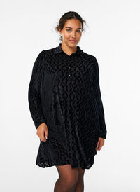 Korte jurk met velours patroon, Zwart Korte jurk met velours patroon, Zwart, Model