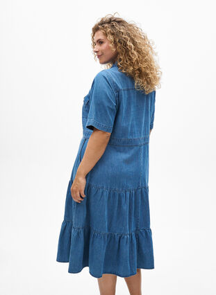 ZizziMidi denim jurk met knopen en korte mouwen, Blue Denim, Model image number 1