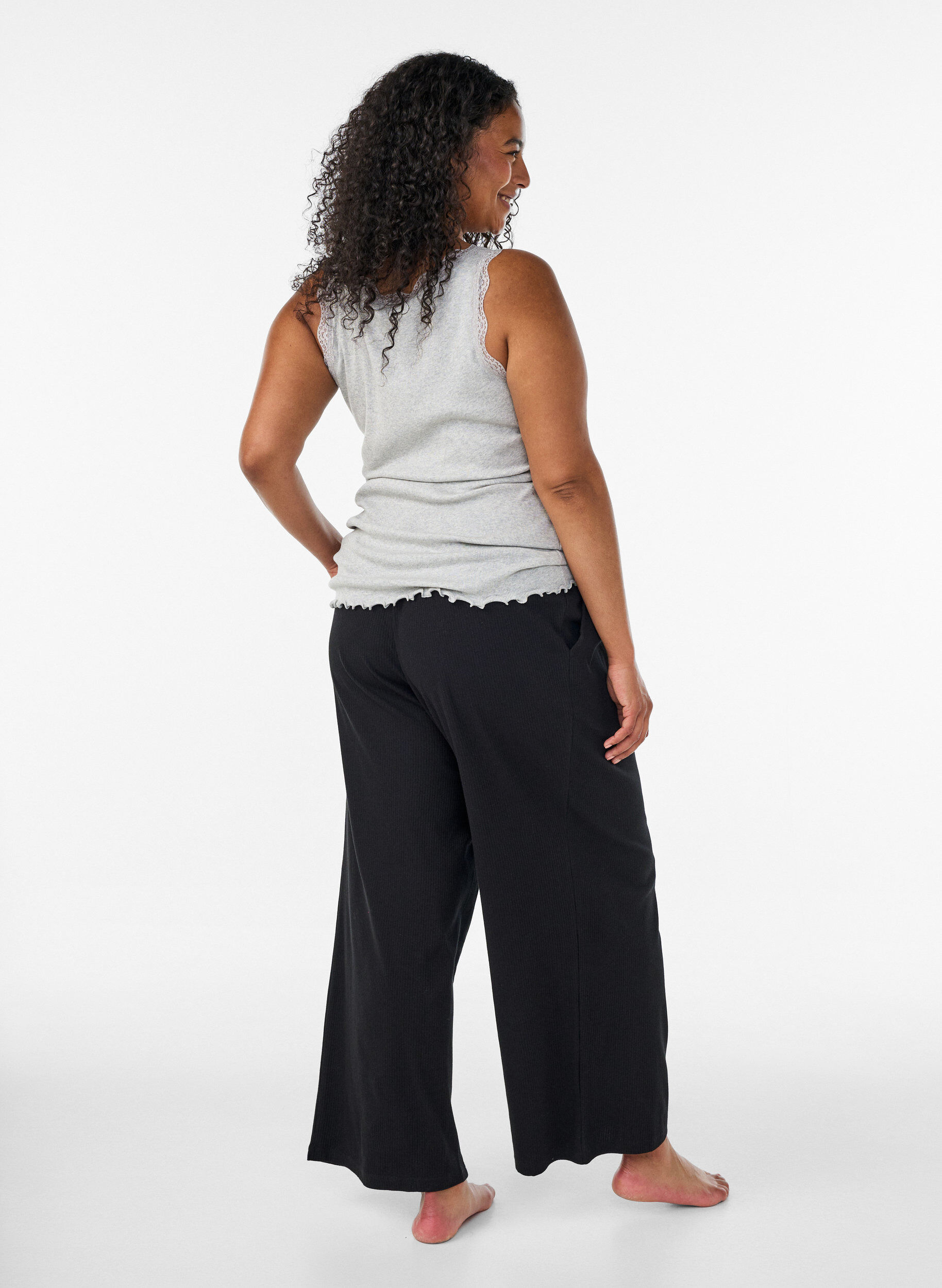 ZizziGeribde top met kanten afwerking, Grijs, Model image number 2