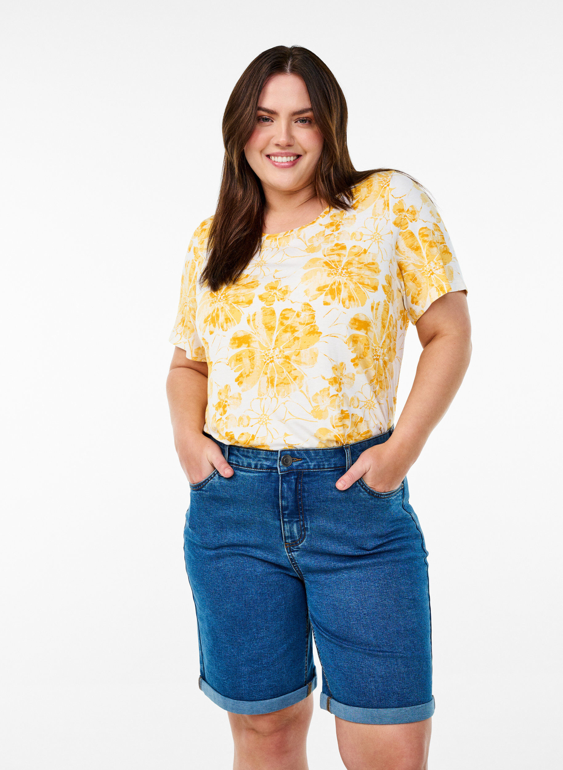 ZizziStrakzittende denim shorts met een hoge taille, Blauw, Model image number 0