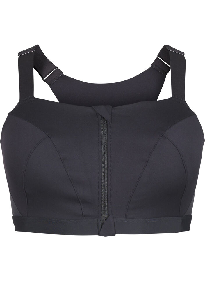 Sportbeha met sluiting aan de voorkant en goede ondersteuning, Zwart, Packshot image number 0